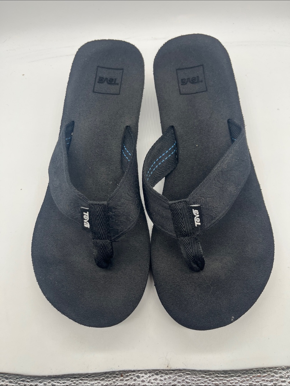 Teva Black Flip Flop Sandal with low wedge Sz 9
